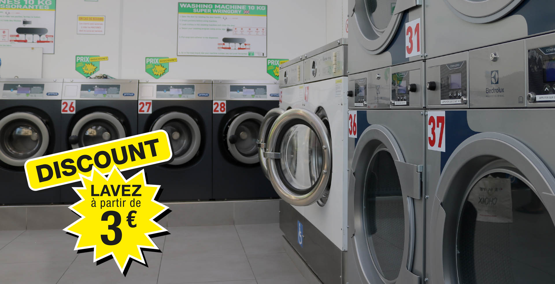 Laverie automatique en libre service rue Danielle Casanova 93300 Aubervilliers, machine 6/7 à 18kg et séchage 12kg lavage et séchage rapide